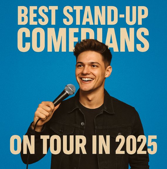 Promotional image of a rising stand-up comedian on tour in 2025, symbolizing the excitement of live comedy shows this year