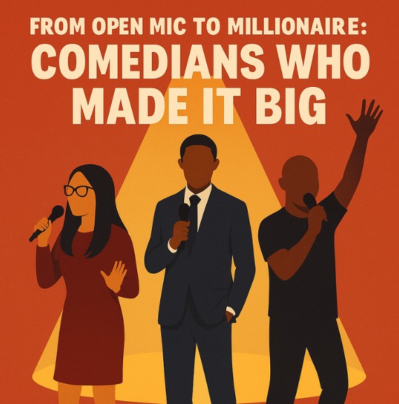 Stylized illustration inspired by Ali Wong, Trevor Noah, and Jo Koy rising from an open mic stage to the spotlight