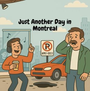 A cartoon-style illustration of a man dancing at a coffee rave, a red car parked near a no-parking sign, and a shocked man reacting to a giant pothole — representing spring in Montreal.
