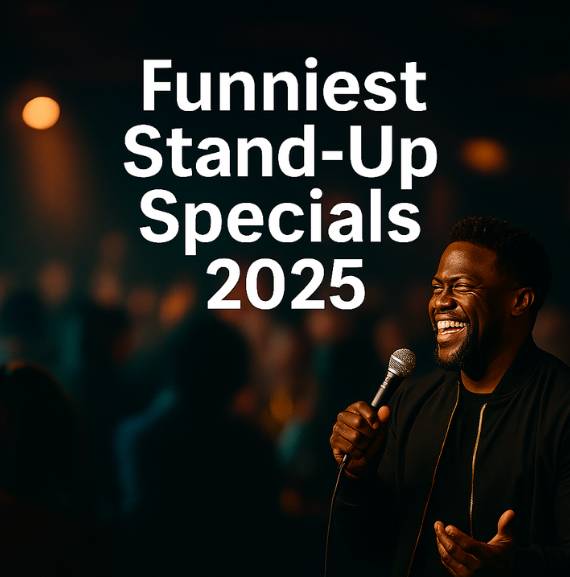 A colorful collage of stand-up comedians performing on stage with streaming logos and 2025-themed visuals, representing the top comedy specials of the year.