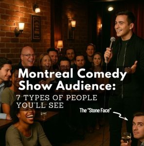 A young comedian performs on stage in a cozy Montreal comedy club with a diverse audience laughing, smiling, and reacting under warm lighting.