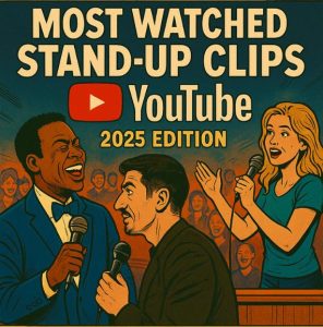 Comic-style illustration of three stand-up comedians with microphones on stage promoting “Most Watched Stand-Up Clips on YouTube – 2025 Edition”