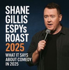 A stylized look-alike of comedian Shane Gillis performing a roast at the 2025 ESPYs, with a spotlight on a sports stage