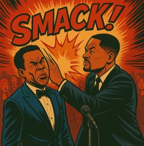 Comic-style illustration of two performers on stage, with one slapping the other mid-performance in front of a shocked audience — representing a viral comedy moment.