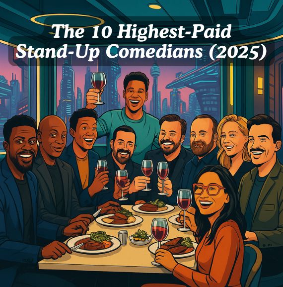 A group of ten diverse stand-up comedians representing the highest-paid performers of 2025, gathered for a realistic photo, capturing their fame and comedic presence.
