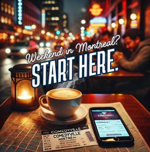 A cozy café table at night with a Comedyville ticket, coffee cup, and map of Montreal, capturing the start of a perfect weekend plan in the city.